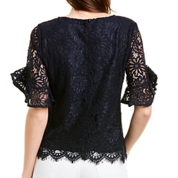 Nanette Black Sheer Lace Bell Ruffled Sleeves Scoop Neck Blouse in Large - Picture 2 of 13